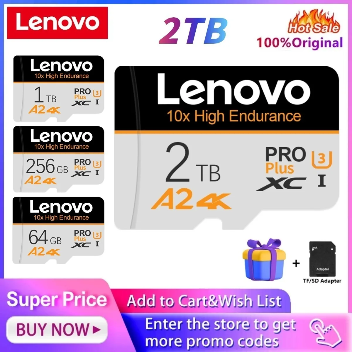 thumbnail image 1 of Tarjeta de memoria original Lenovo de 1 TB y 2 TB, tarjeta Micro TF SD de alta velocidad de 512 GB, tarjeta SD V60 U3 TF para Nintendo Switch, Ps4 y Ps5, 1 of 5
