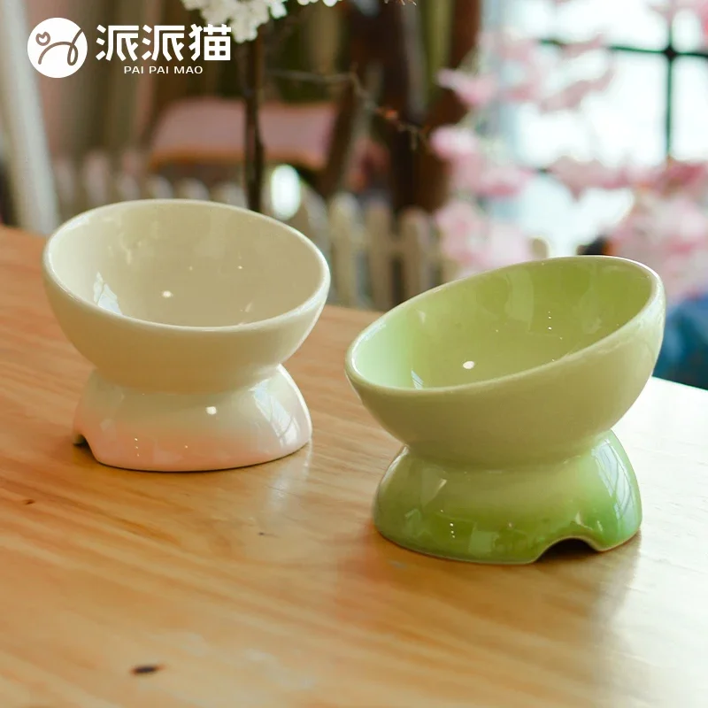Ceramic cat bowl anti-knock cat food basin oblique mouth high foot food bowl protection cervical spine dog drinking pet