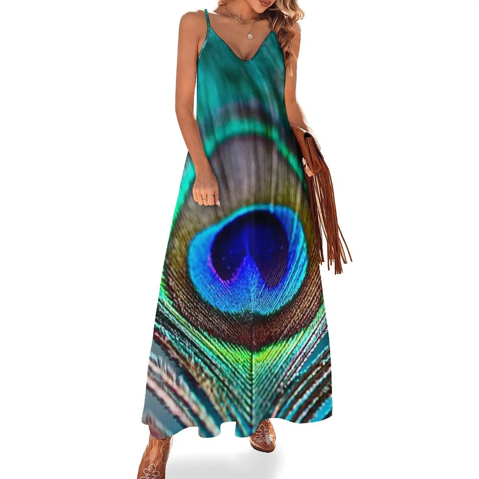 

New Peacock Feather Sleeveless Dress beach dresses Woman fashion dress for women