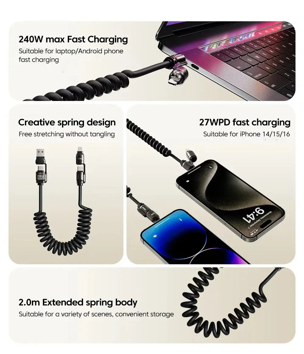 Car Spring Data Cable Type C 4-in-1 240W for IPhone Huawei Samsung IPad Mobile Phone USB Fast Charging Cord Suitable for Carplay
