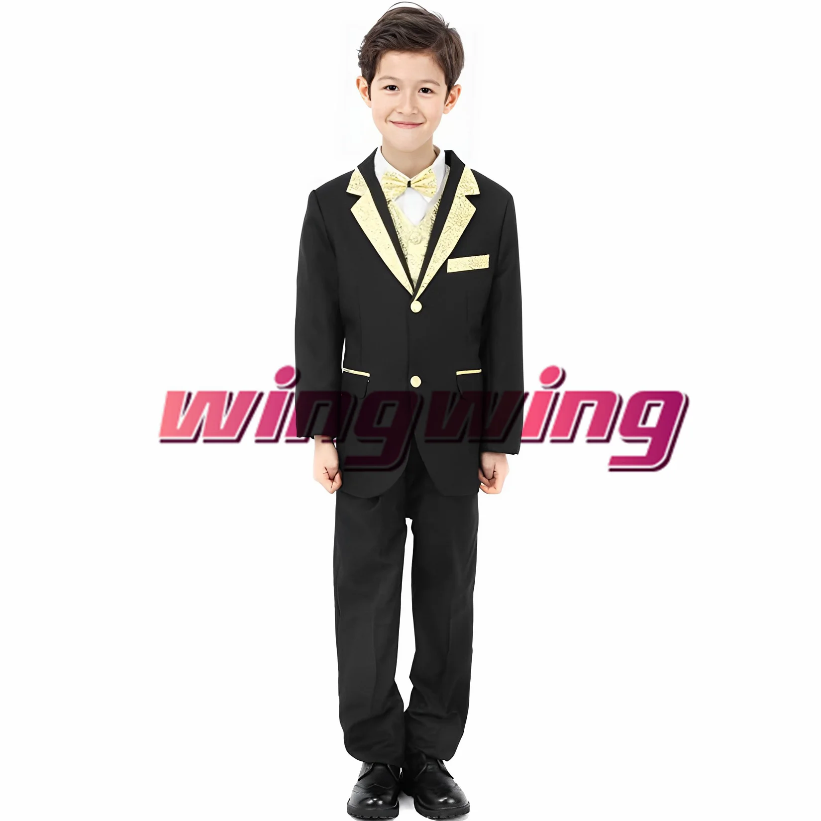 Matrimonio bambini vestito tre pezzi giacca pantalone gilet papillon ragazzi partito Blazer oro motivo floreale vestiti del Festival di moda