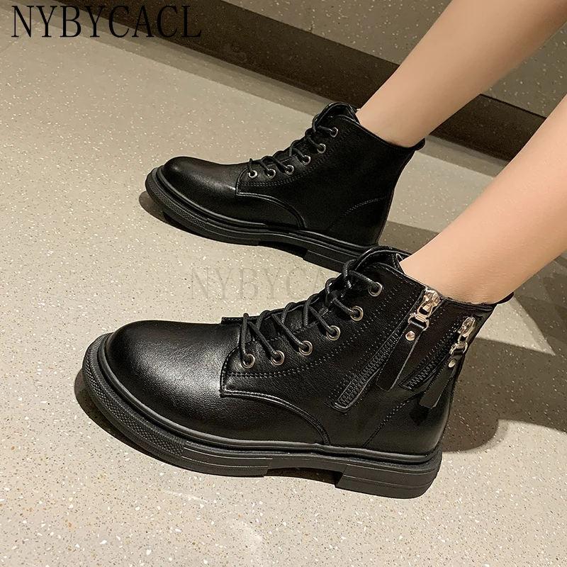 2022 New Zipper Chunky Platform Women Shoes Solid Black Beige Zip Boots Womens Round Toe High Heel Ankle Boots for Women Botas