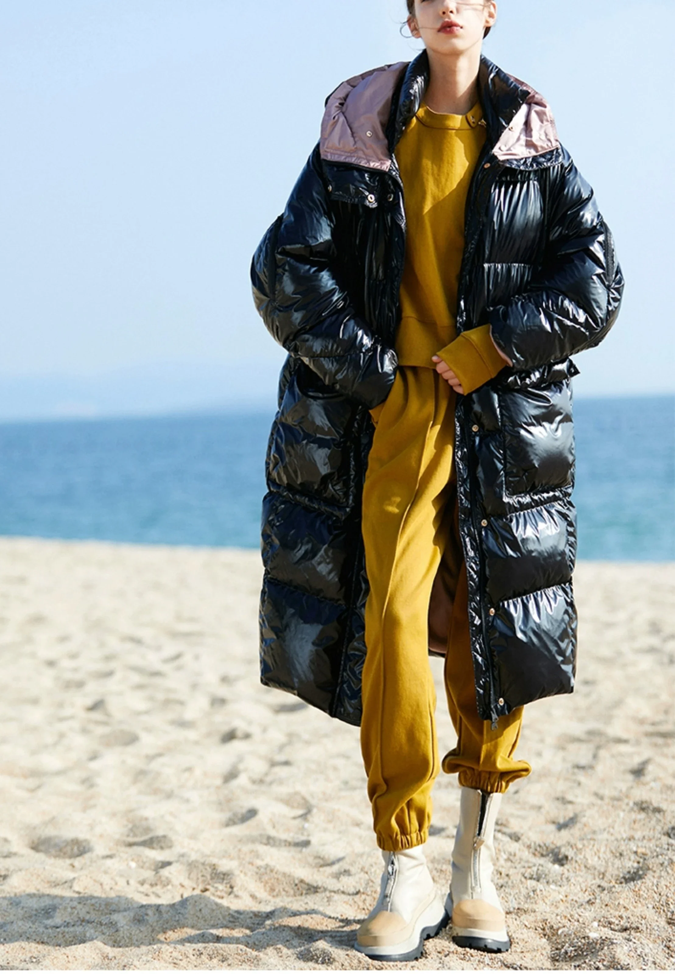 2023 AW 여성용 화이트 덕 다운 롱 다운 재킷, 두꺼운 따뜻한 재킷, 후드 프리즘 체크 코트, 고급 럭셔리