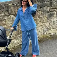 KONDALA 2025 Fall Winter Casual Denim Women Suits Fashion Vintage Turn-down Collar Pocket Shirts Chic Drawstring Wide Leg Pants - Image 2