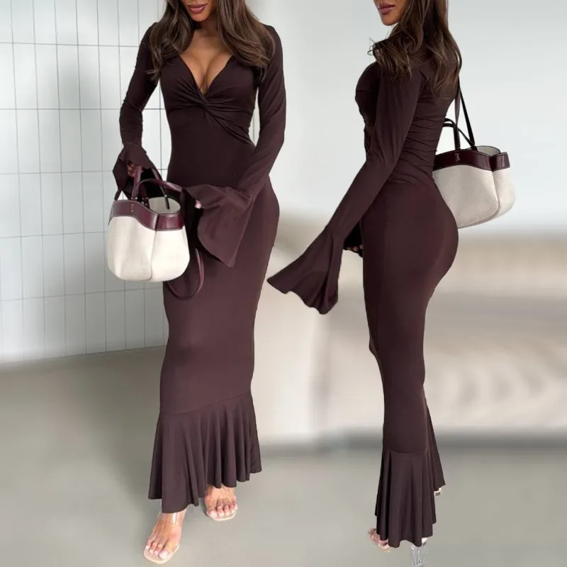 Robes longues pour femmes, nouvelle collection automne et hiver 2021, mode Sexy, col en v, manches à volants, jupes à manches longues