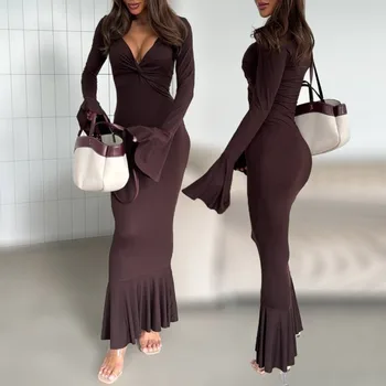 Robes longues pour femmes, nouvelle collection automne et hiver 2021, mode Sexy, col en v, manches à volants, jupes à manches longues