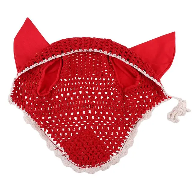 Soft Cotton Hand Crochet Breathable Fly Veil with Ears for Horse Red 5