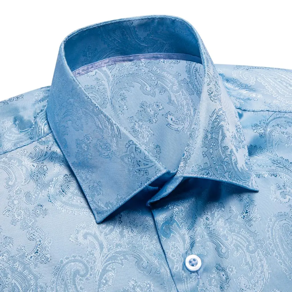 Sky Blue Paisley Jacquard Long Sleeve Men's Shirt with Lapel for Business and Formal Events