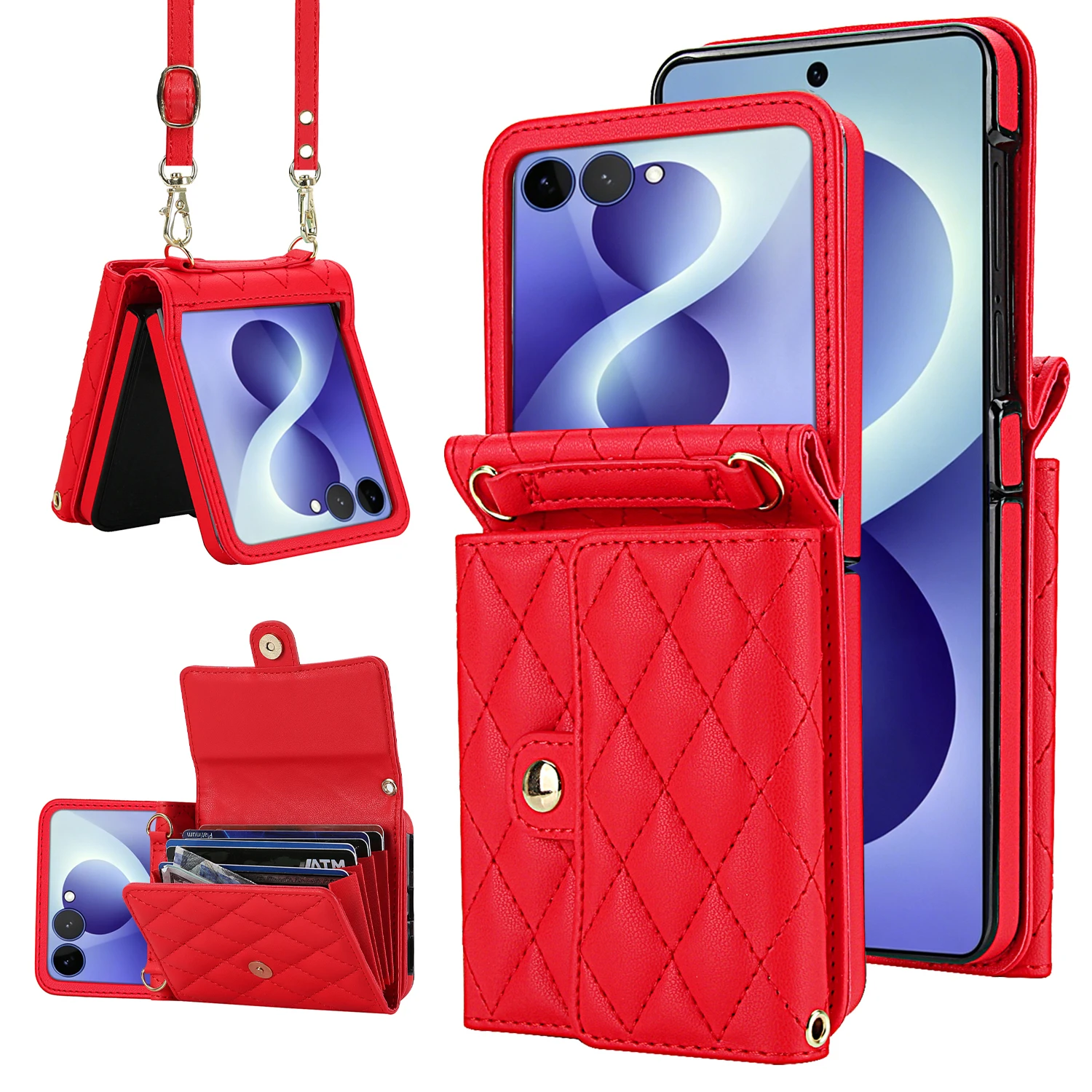 Luxury Foldable Leather Wallet Phone Case with Removable Crossbody Lanyard