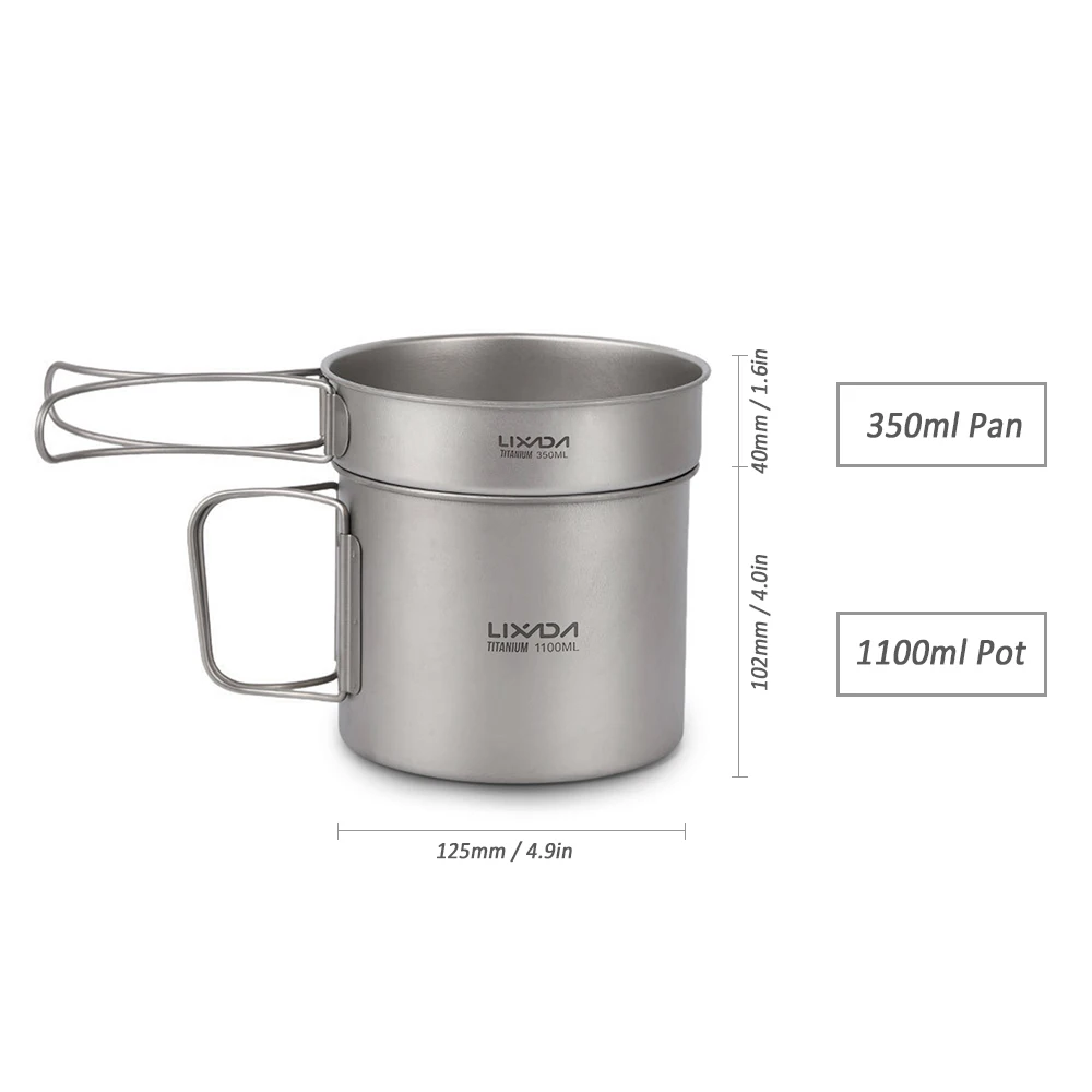 Ensemble Cuisine Camping Titane Lixada 900/1100ML - Ultra Léger Et Anti-Corrosion - Pot, Poêle Et Cuillère Pliable