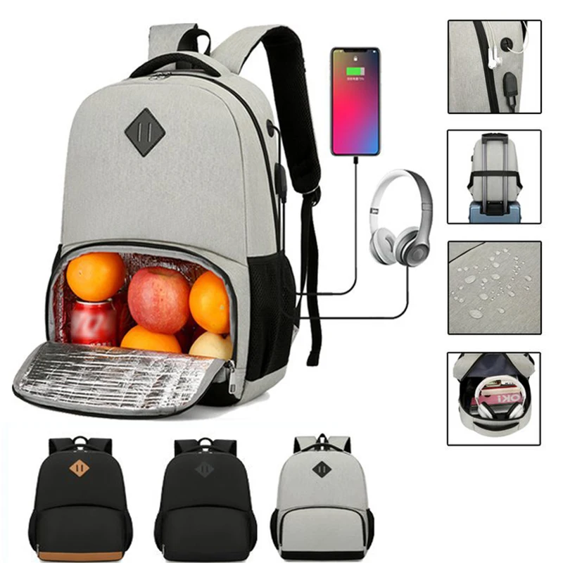 Men's Business Computer Backpack with USB Charging Function and Insulated Lunch Bag Outdoor Travel Waterproof Backpack