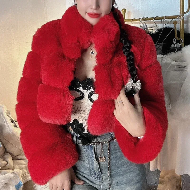 Cropped Red Fuzzy Jacket Faux Fur Red Cropped Coat Fashion Faux