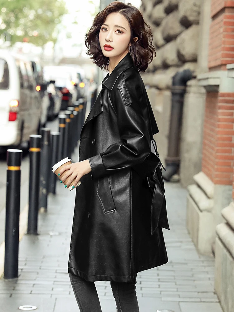 Black Leather Trench Coat Women's Genuine Lambskin Winter Long Overcoat  Jacket