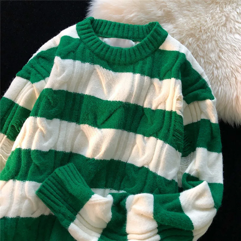 

Men Women's Autumn Winter Fashion Pullover Stripe Knitted Sweater Round Neck Casual Trend Clothing Knitwear Plus Size E163