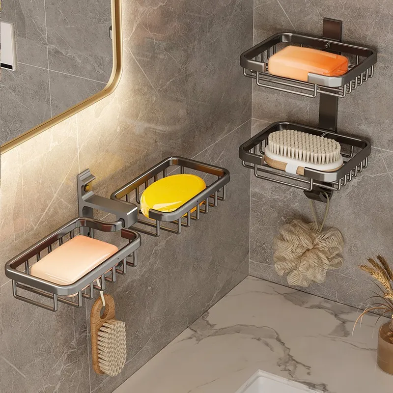Wall Mounted Bathroom Soap Dish Holder Kitchen Sponge Storage Shelf Aluminum Self-adhesive Soap Box Basket Rack Home Organizer soap holder,soap dish rack