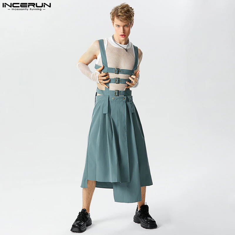 Men Irregular Skirts Jumpsuits Solid Hollow Out Straps Rompers Pants Streetwear Personality Male Skirts S-5XL men rompers