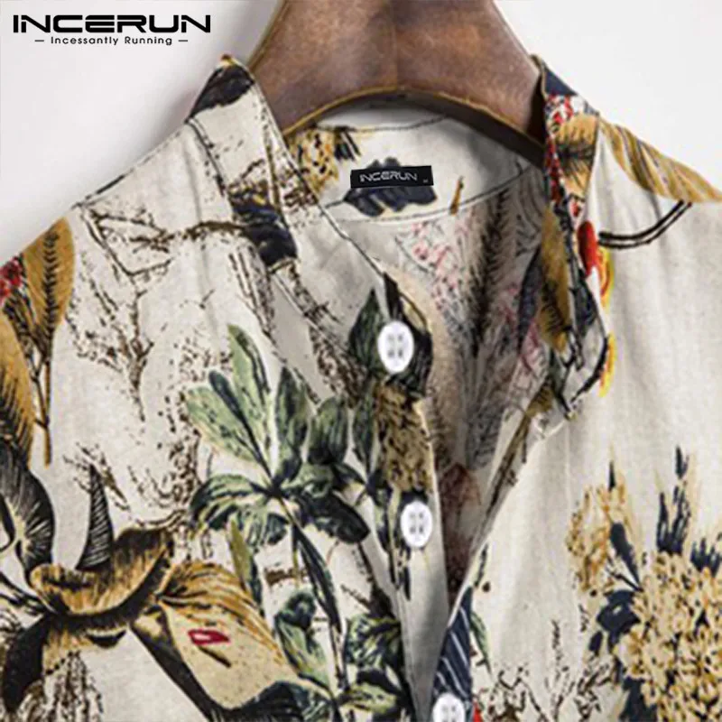 INCERUN 남성용 하와이안 셔츠 인쇄 반팔, 휴가 스탠드 칼라, 남성 의류, 스트리트웨어, 면 캐주얼 셔츠 S-3XL, 2024