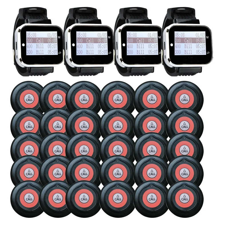 QWICALL 30 Button 4 Watch Pager Wireless Calling System Call Transmitter Paging for Restaurant Cafe Waiter Service Bell Buzzer