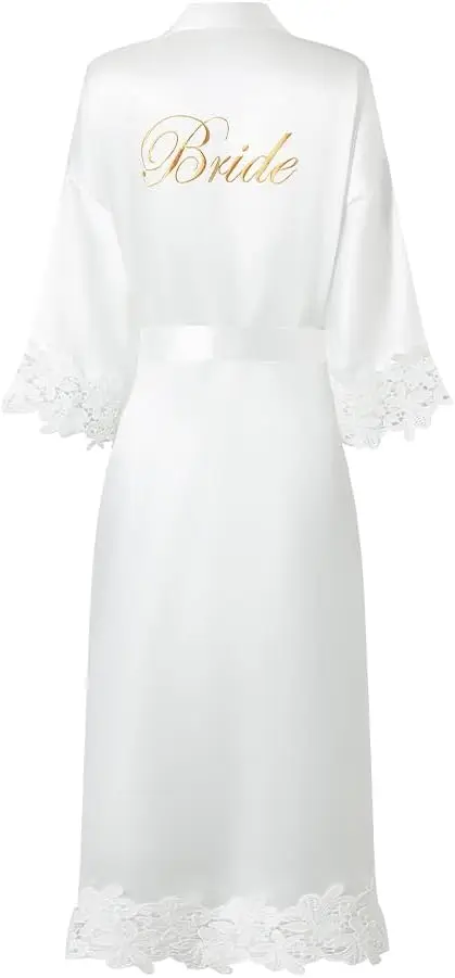 Womens Lace Trim Long Bridal Kimono Robes With Embroidery Bride Bridesmaid Satin Bathrobe Wedding Gifts 4