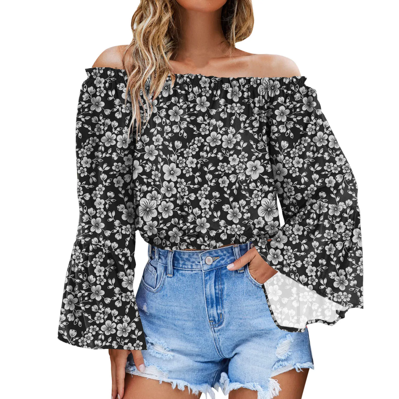 

Hot Sale Blouse For Women Plus Size Summer Off Shoulder Blouse Floral Dot Print Three Quarter Sleeves Chiffon Tops Shirts