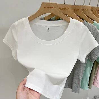 AOSSVIAO 2025 الصيف تي شيرت أبيض القطن الإناث قصيرة الأكمام طالب تنوعا المحاصيل الأعلى نصف كم تي شيرت Harajuku الاتجاه الأعلى