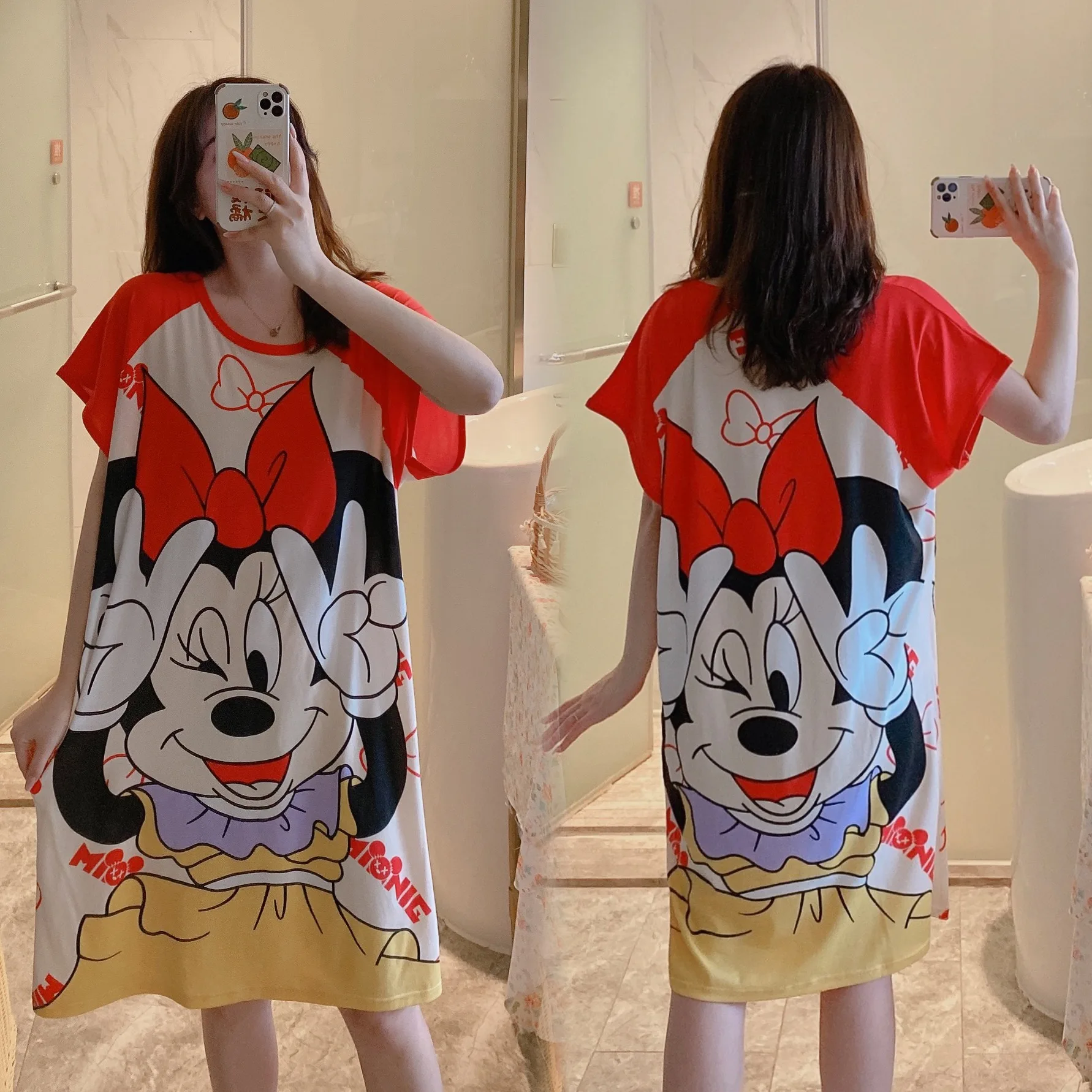 1PCS Nightdress Minnie Pajamas Medium Long Disney Women's Summer Thin Loose Cartoon Nightdress Short-Sleeved Dress Home Service