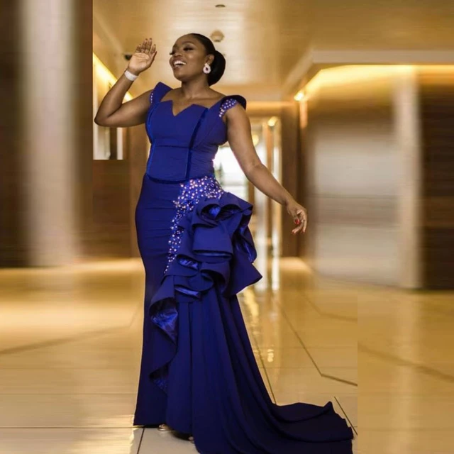 Aso Ebi Arabic Navy Blue Prom Dresses Lace Appliques Plus Size Mermaid  Sweep Train Evening Gowns Formal Party Dress Robe De Soir