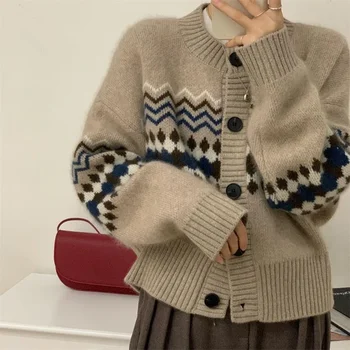 Autumn Warm Single Breasted Knitted Sweater Women Fashion Casual Jacquard Crochet Cardigan Tops Y2k 1