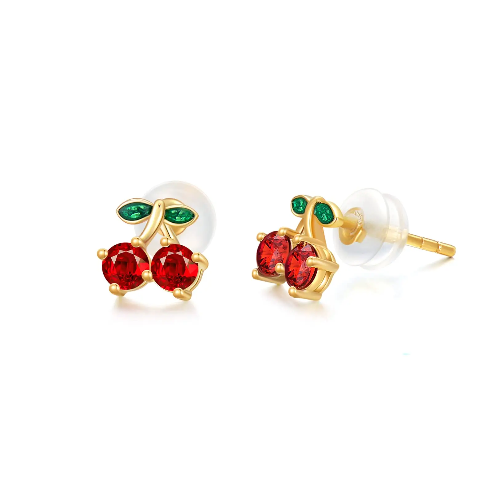 

YFN 14K Real Gold Cherry Stud Earrings for Women Girl Yellow Gold Red Garnet Earrings Green Leaf Red Cherry Earrings Jewerly