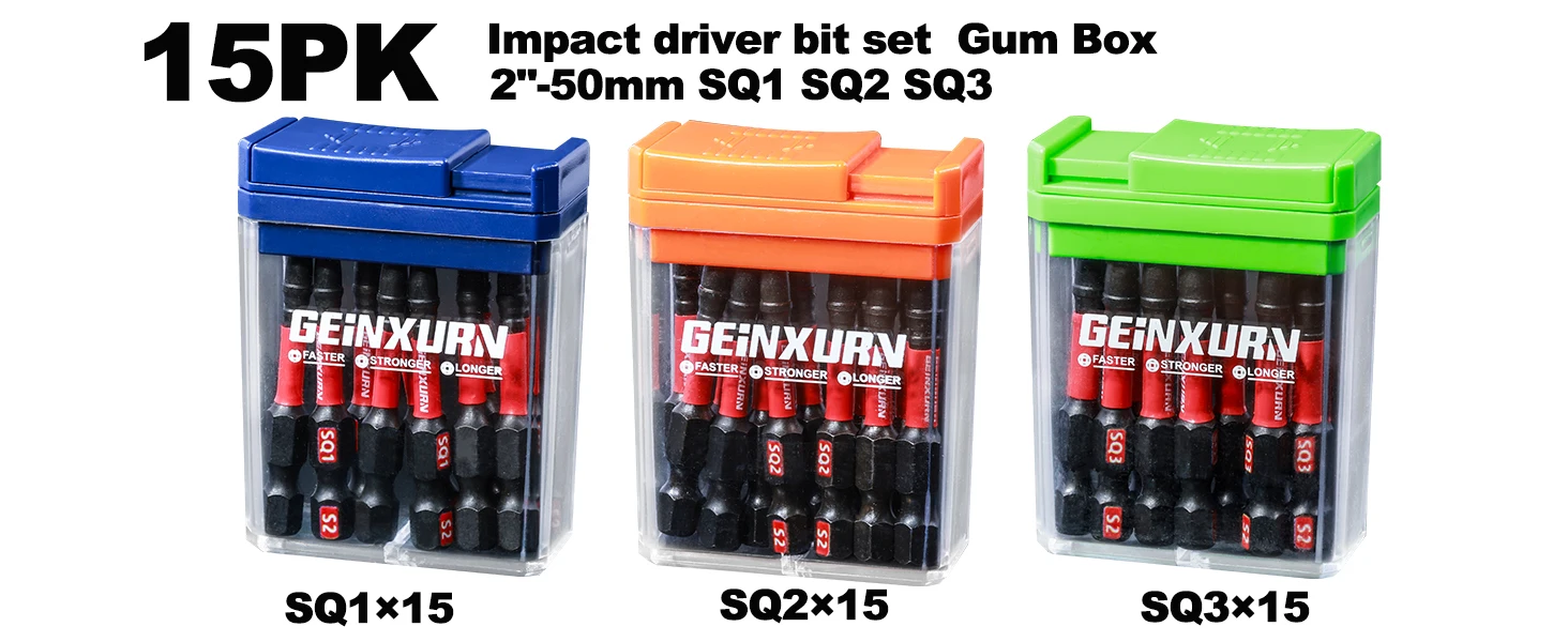 Geinxurn 15 pcs Impact Square Magnet (sq1, sq2, sq3) s2 Stahl Multi Treiber Bits mit Lagerung bunte Box (blau, orange, grün) – Detail 1
