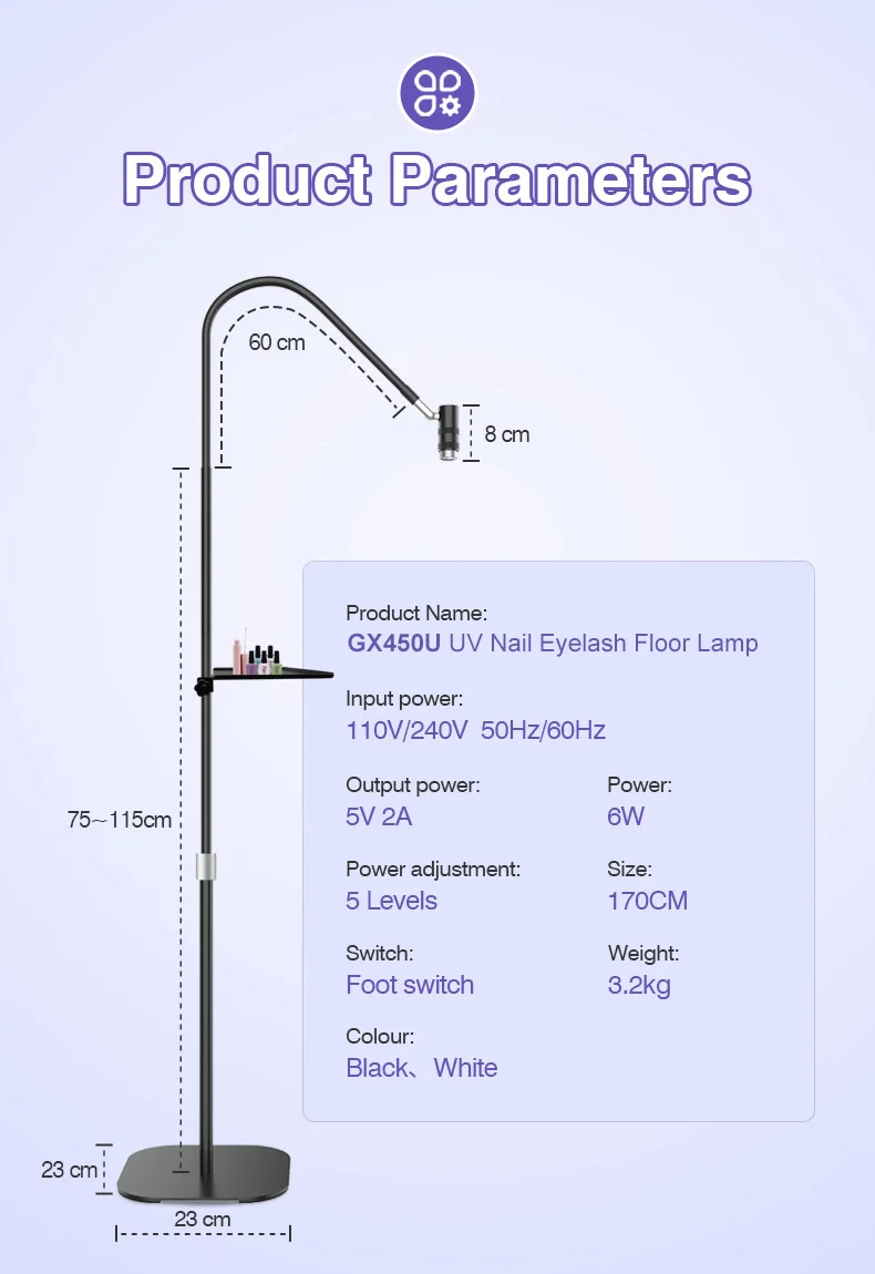 전문 풋 스위치 구스넥 LED 터치 컨트롤, 휴대용 네일 속눈썹 케어, 뷰티 도구, 빠른 건조 바닥 스탠딩 UV 라이트