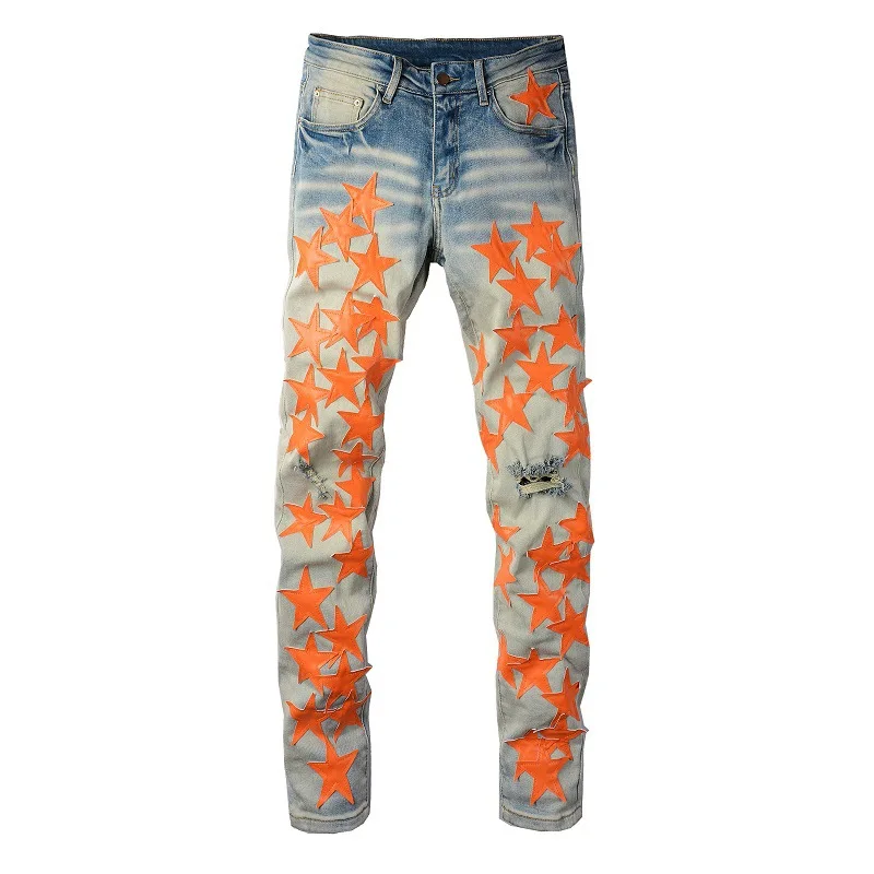 Men Leather Stars Patches Jeans Streetwear Slim Skinny Stretch Denim Pencil Pants Holes Ripped Patchwork Tapered Trousers