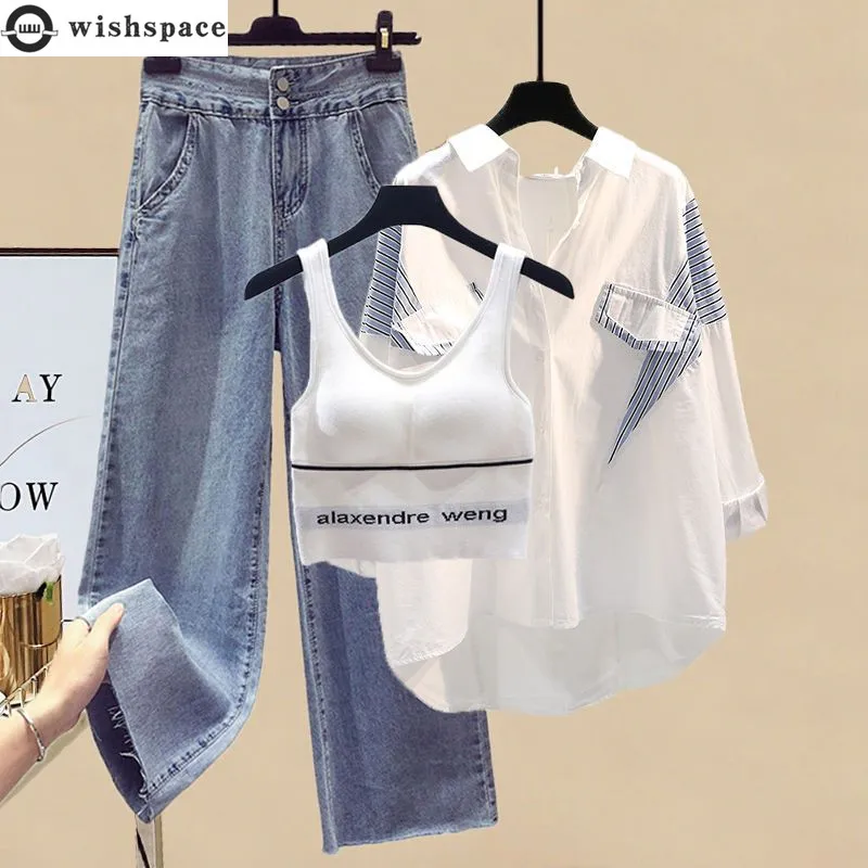 

Spring and Autumn Suit Women's 2023 New Korean Fashionable Shirt Slim Versatile Jeans Elegant Women's Three Piece Set
