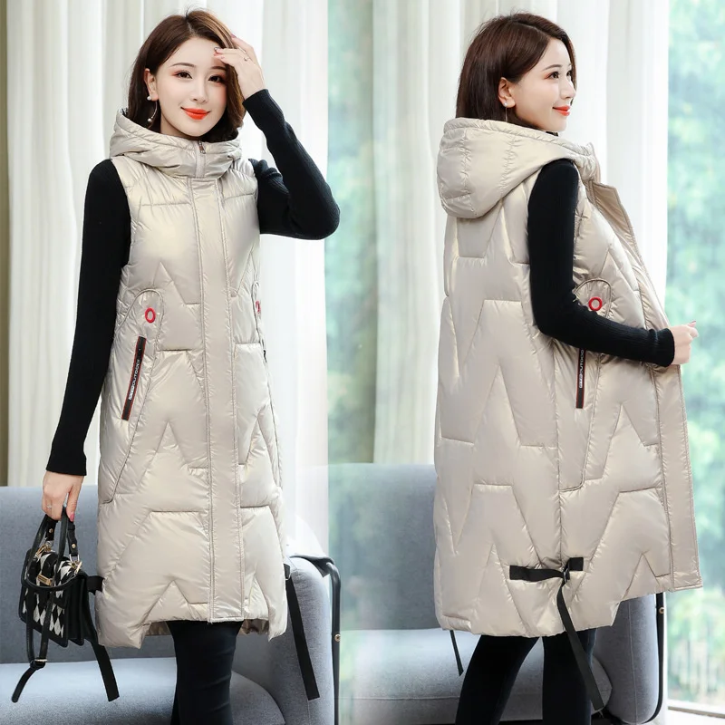 Snow Wear Warm Long Waistcoat Women Winter Vest Jacket Hooded Outerwear Female Glossy Parka Sleeveless Jacket Mujer Coats S-5XL
