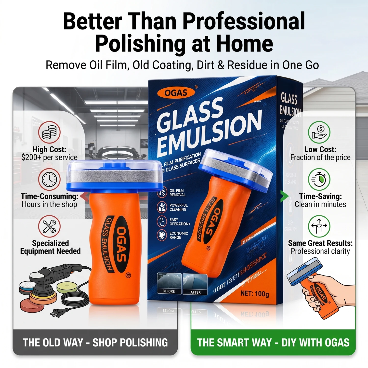 OGAS Gen 2 Upgraded Version Car Glass Oil Film Remover Paste with Felt Brush Deep Cleaning Agent Remove Dirt Bird Droppings