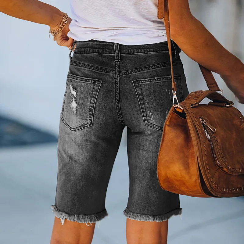 

2024 Shorts Washed Sexy Female Summer Thin Short Jeans 2XL New Cycling Denim Shorts Women Fashion Ripped Tassel Tight Five-Point