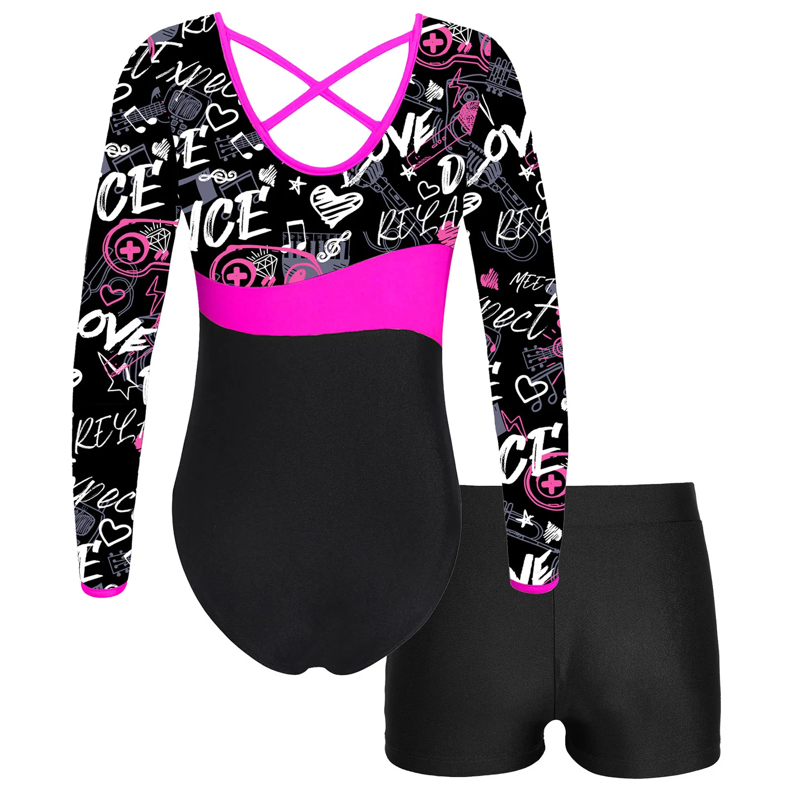 Kids Girls Long Sleeve Gymnastics Leotard with Shorts Ballet Unitard Set 2 Piece Dance Sports Workout Outfits for Children