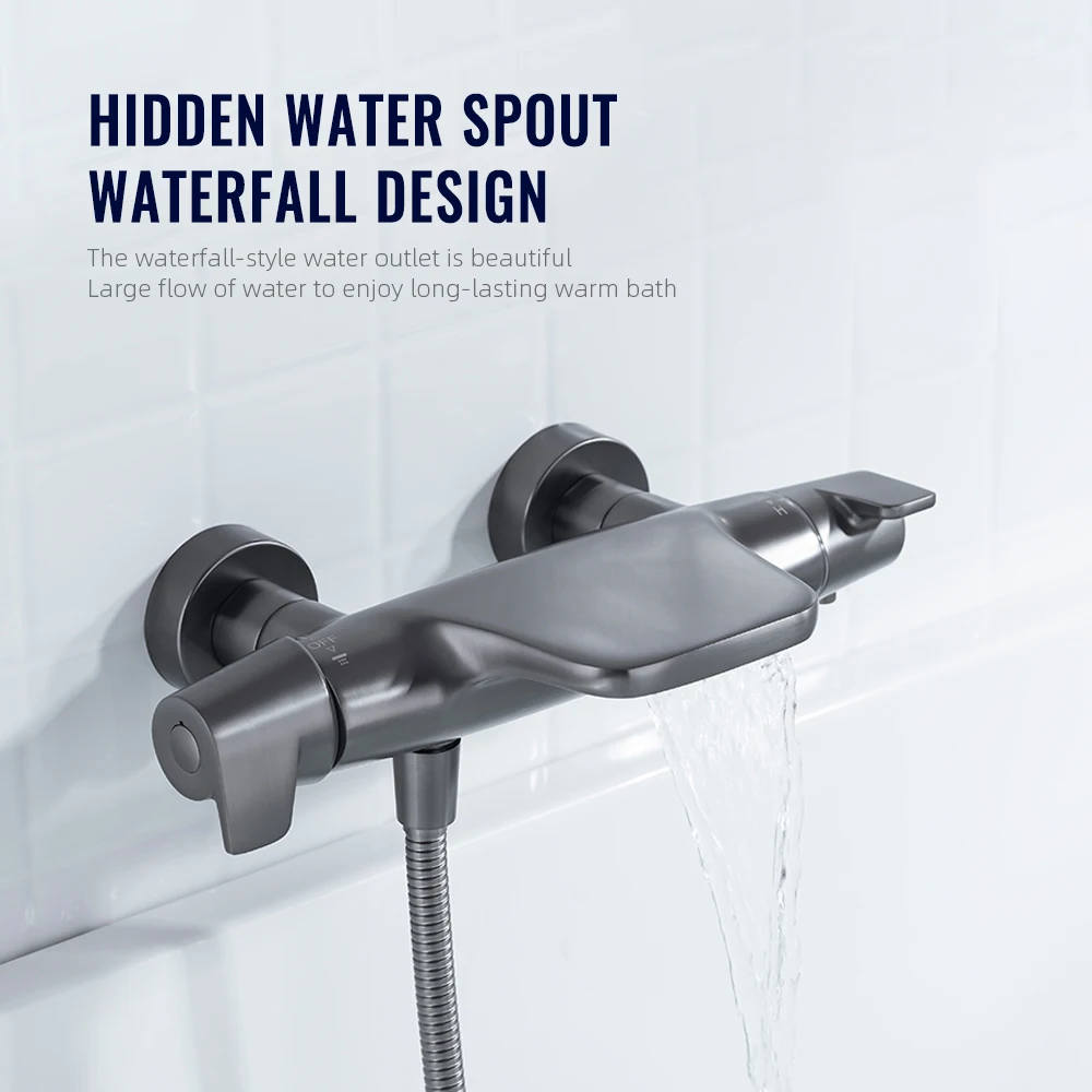 Thermostatic Shower Faucet Set Gunmetal Bathroom Shower System 2 Ways Waterfall And Shower With Brass Mixer Wall Mounted Taps 4