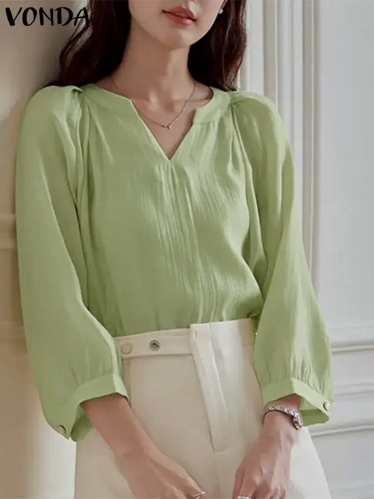 

VONDA Women Elegant Blouse 2023 Fashion Solid Color Shirts Female Casual V-neck 3/4 lantern Sleeve Loose Tops Party Tops Baggy