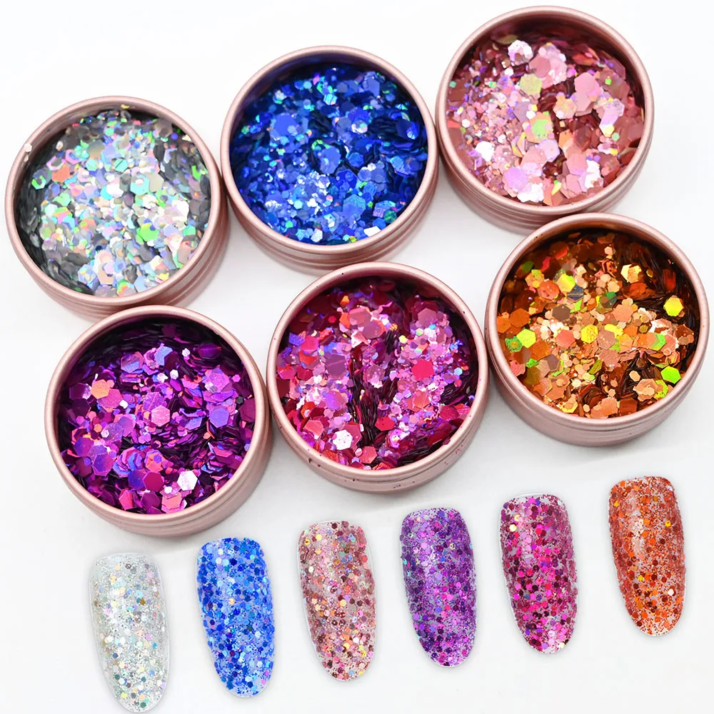 

Net-4g Laser Hexagon Holographic Chunky Glitter Sequins 1Jar Mixed-Size Glitter Flakes Powder Bottled Shinying Laser Sequins ft-