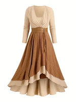 European and American fashion plus-size women's dress with patchwork, tie, hemp rope, tassel pockets, ruffled hem and ribbed - Image 2