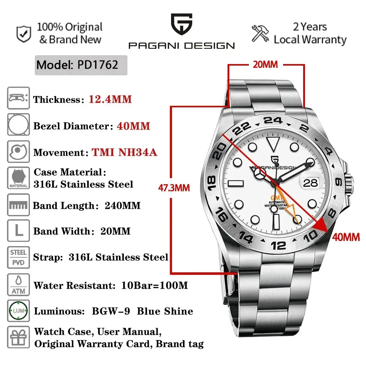 Mechanical Watch PAGANI DESIGN NH34 Men's Sports Automatic GMT Sapphire Stainless Steel Waterproof 10Bar BGW-9