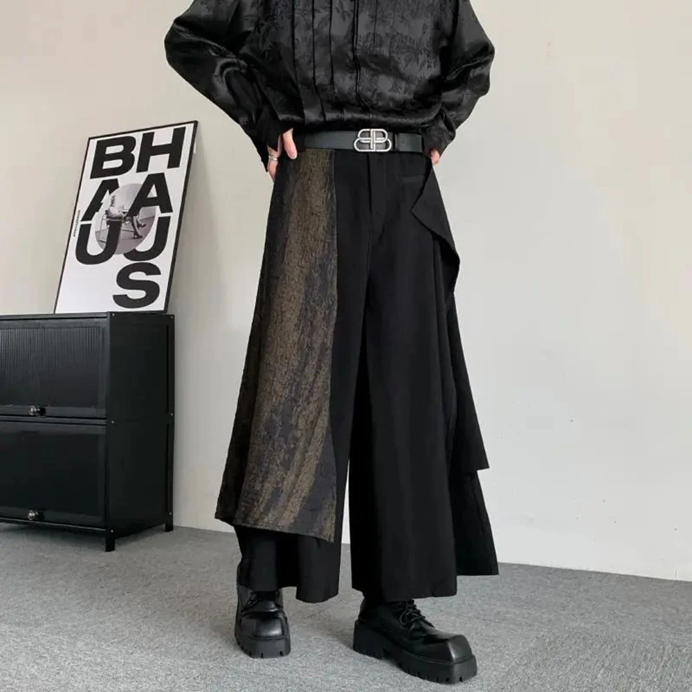 

Mens Dark Knight Style Japanese Genderless Spliced Culottes Essential For Couples Irregular Casual Temperament Wide-Leg Culottes