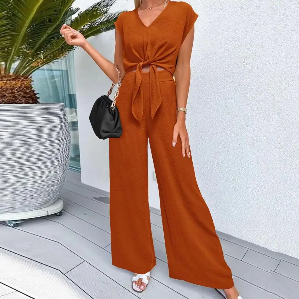 

Women 2 Piece Suit Women's V-neck Lace-up Top Wide Leg Pants Set with High Elastic Waist 2 Piece Suit for Ladies V-neck Crop Top