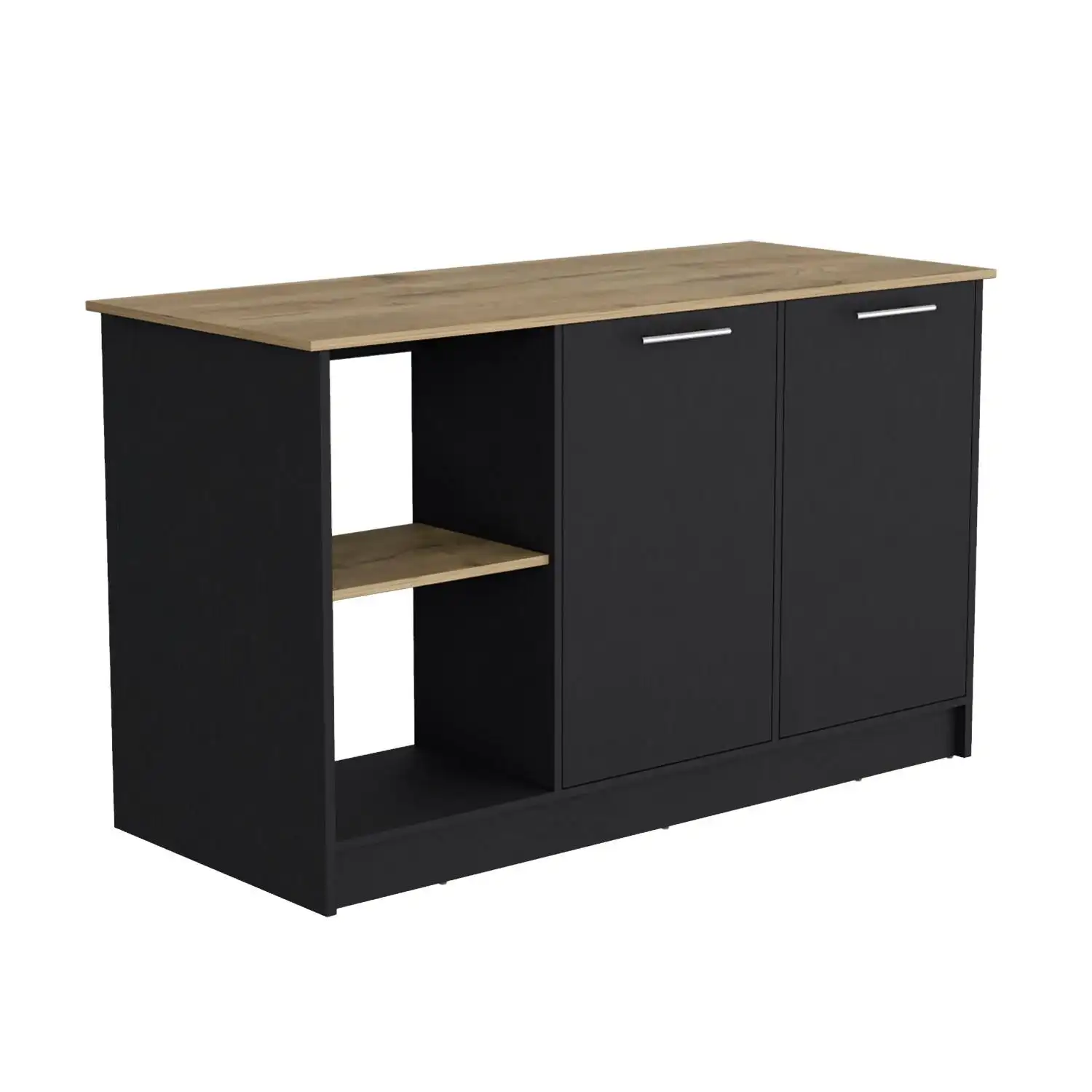 Juniper Kitchen Island with Large Top Surface, Double Door Cabinet, and Open Shelves Black / Macadamia 2