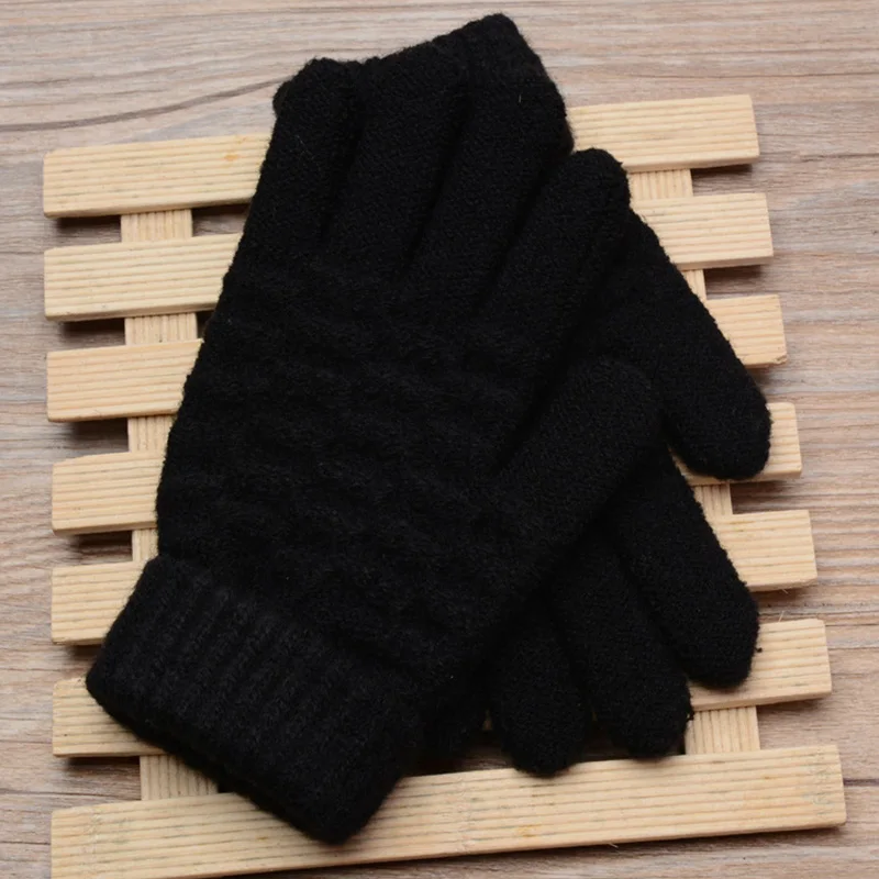 Winter Children Knitted Gloves Thick Woolen Kids Five Fingers Glove 8-15year Boy Girl Baby Hand Warmer Black White Fleece Mitten 4