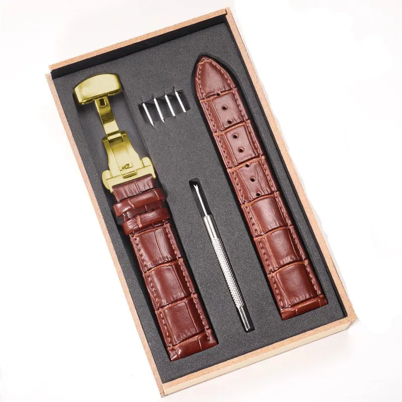 Elegant Genuine Leather Watch Strap with Wooden Box and Butterfly Clasp