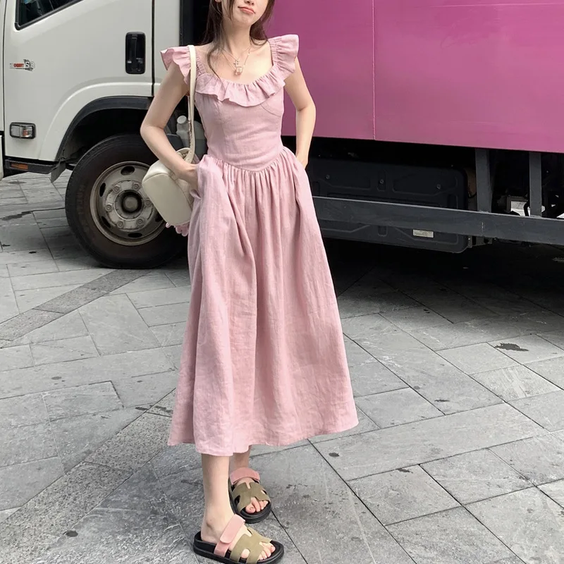 

Summer Dresses for Women 2023 Flying Sleeve O-neck Slim Female Dress French Style Ruffles Vintage Elegant Party Long Dresses New