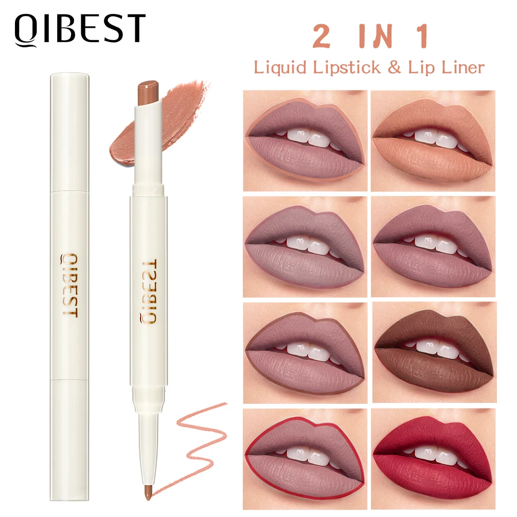 QIBEST Makeup 2 in 1 Matte Lipstick Lip Liner Nude Lip Stick Pencil Waterproof Make up Cosmetics Balm Matt Cream Lipliner lip liner lip liner pencil lipliner pencil
