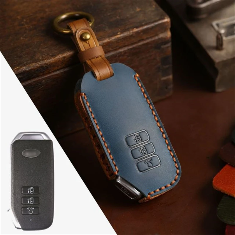 Genuine Leather Car Key Case Full Cover Keychain for Kia Ev6 Seltos K5 Sorento Mq4 7 Button